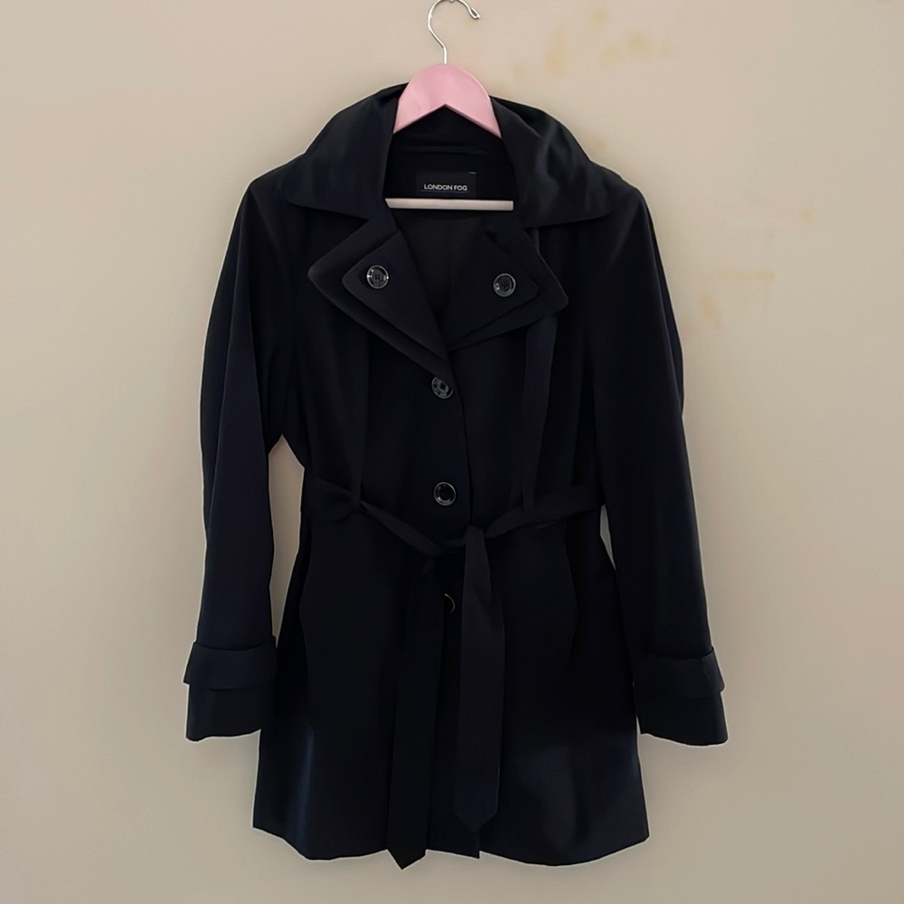 Black London Fog trench coat with detachable hood and tie belt